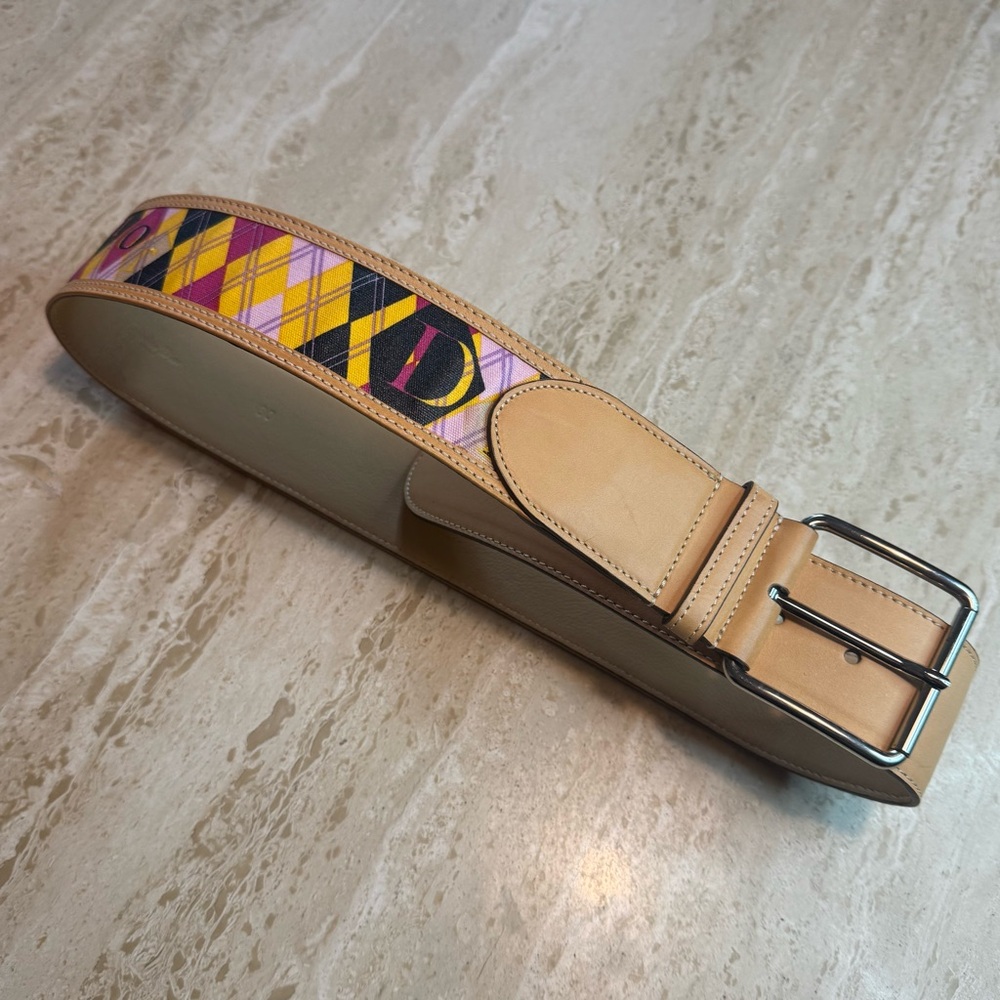 Dior Silk Argyle Pattern Belt Tan Leather
